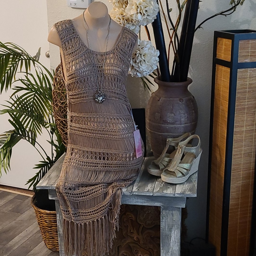 NWT BO HO CROCHET BEIGE UNIQUE LONG DRESS COVERUP - Picture 14 of 16